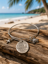 Load image into Gallery viewer, Silver Stainless Steel Sea Turtle and Starfish Bangle Bracelet with Quote Disc (BR-13)
